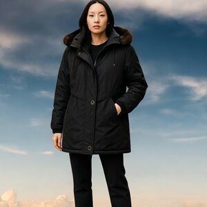 FS Limited black trench style coat with faux fur detachable hoodie